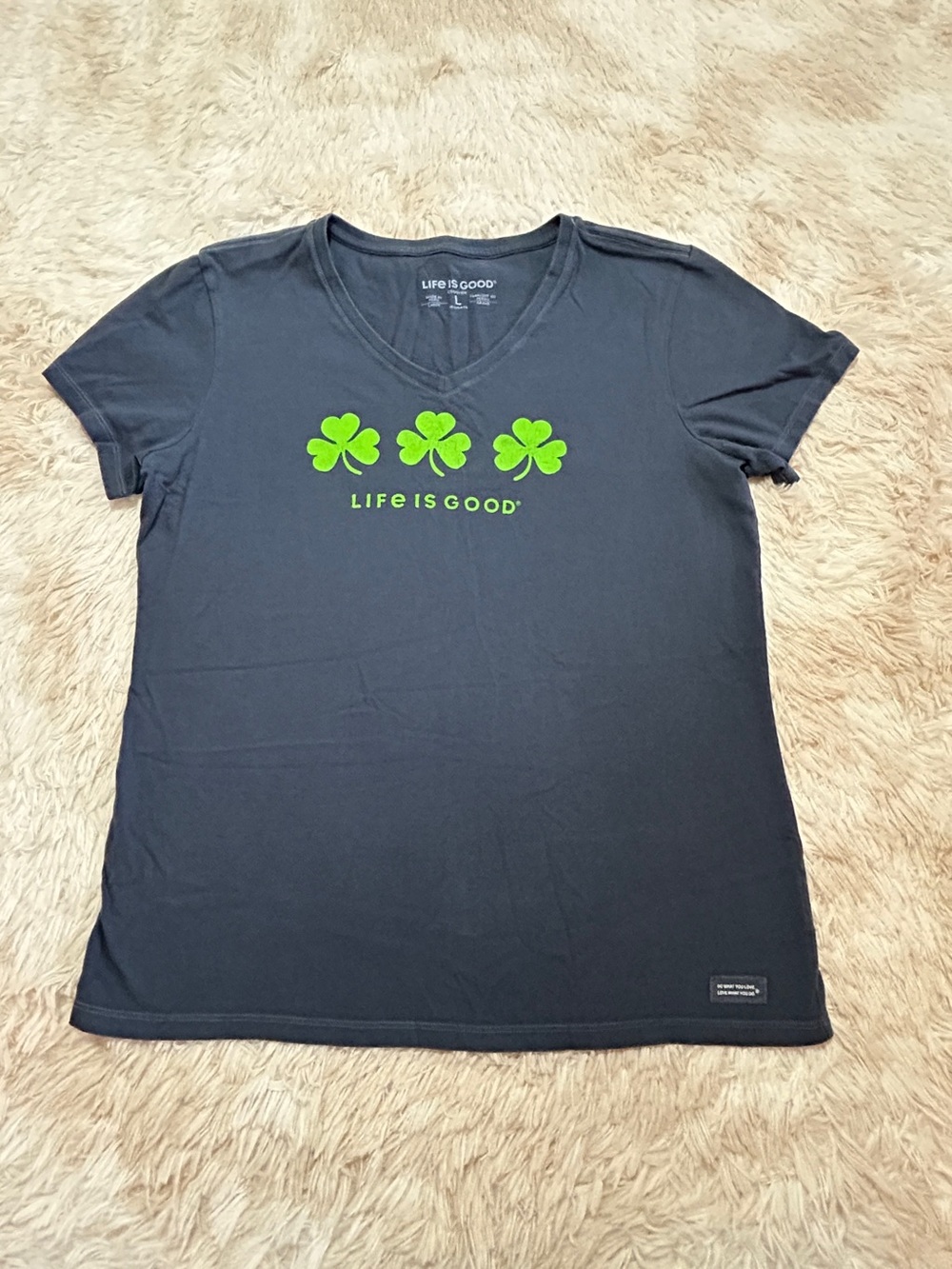 Life Is Good V-Neck Tee with Bright Green Shamrock Trio